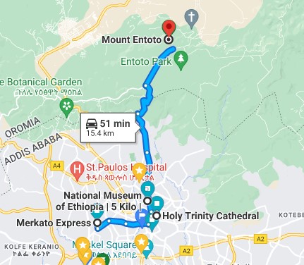 Roadmap of places of visits in half-day Addis Ababa city tour
