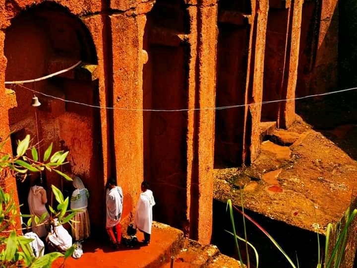 Christians at Saint Gabriel Raphael Rock Church at Lalibela, North Ethiopia